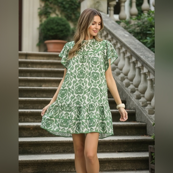 Umgee Tiered Babydoll Contrast Abstract Mini Dress Ruffle Mock Neck Short Dress - Picture 4 of 16